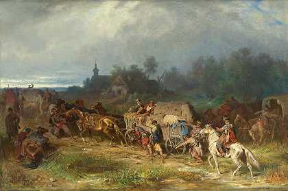 回家患者运输（波兰营地）和`Returning Home, ;Patient Transport (Polish Camp) (1865) by Jozef Brandt