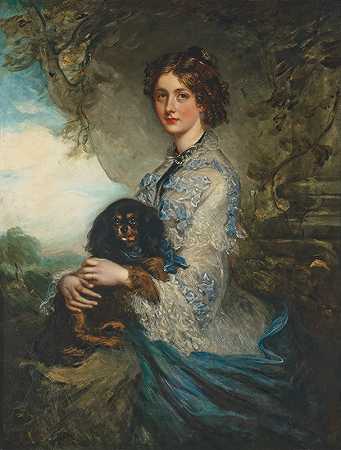 爱丽丝·皮尔女士的肖像，她腿上抱着一只查尔斯国王的猎犬`Portrait of Lady Alice Peel, holding a King Charles spaniel on her lap by Sir Francis Grant