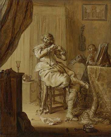厕所里的骑士，可能是自画像`A Cavalier at  his Toilet, Possibly A Self Portrait (1631) by Adriaen Pietersz. Van De Venne