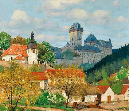 布拉格附近卡尔斯泰恩城堡景观`View Of Karlstejn Castle Near Prague