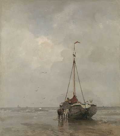 斯切维宁根海滩上的断崖弯下的渔船`Bluff~bowed Fishing Boat on the Beach at Scheveningen (c. 1885) by Jacob Maris