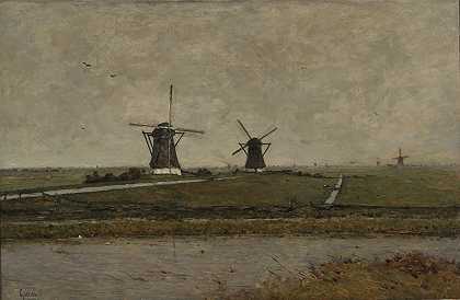 在Overschie附近建有磨坊的围场`Polder with Mills near Overschie (between 1843 and 1898) by Paul Joseph Constantin Gabriël