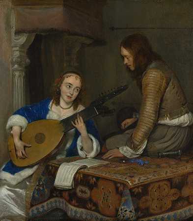 一个弹奏奥罗博琵琶的女人和一个骑士`A Woman Playing the Theorbo~Lute and a Cavalier (ca. 1658) by Gerard ter Borch