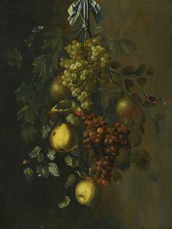 挂在钉子上的葡萄、苹果和梨的花环，还有蜗牛、蝴蝶和鹦鹉`A Festoon Of Grapes, Apples And Pears Hanging From A Nail, With Snails, Butterflies And A Parrot (1656) by Gillis Gillisz. de Bergh