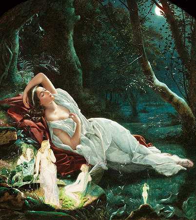 泰坦妮亚在仙女的保护下在月光下睡觉`Titania Sleeping In The Moonlight Protected By Her Fairies