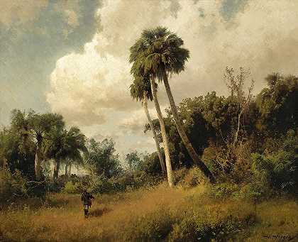 猎人在风吹的棕榈树和掠过的云层中`A Hunter Among Windswept Palms And Passing Clouds