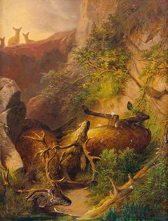 在发情季节，两只鹿在高山上坠毁`Zwei in der Brunftzeit abgestürzte Hirsche im Hochgebirge (1874) by Franz Xaver von Pausinger