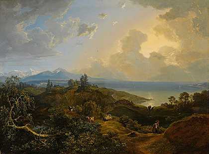 巴伐利亚或萨尔兹卡默古特的广阔景观`An extensive landscape in Bavaria or the Salzkammergut (1823) by Carl Rottmann