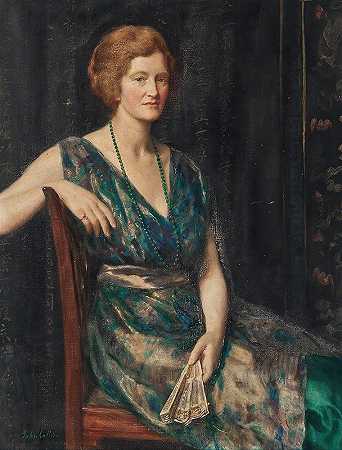 一位女士的肖像，被认为是吉尔福德的杰弗里·皮南夫人`Portrait of a lady, thought to be Mrs Geoffrey Pynam of Guildford by John Collier