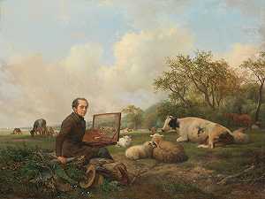 画家在草地上画一头牛`
The Artist Painting a Cow in a Meadow (1850)  by Hendrikus van de Sande Bakhuyzen