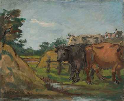 三头牛`Three cows by a river (1938) by a river by Wacław Wąsowicz