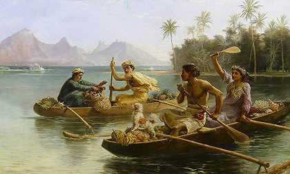 大溪地市场竞赛`Race To The Market, Tahiti (1880) by Nicholas Chevalier
