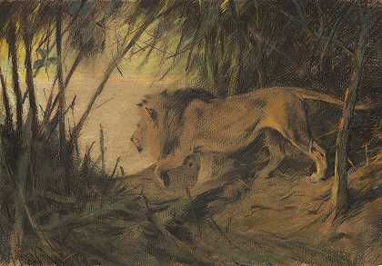 狮子，向河边移动`Löwe, zum Flusse ziehend (1917) by Wilhelm Kuhnert