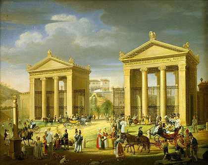 通往罗马博格斯别墅的道路`The Approach To The Villa Borghese, Rome (1838) by Francesco Diofebi