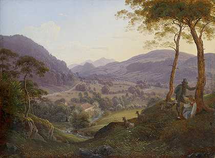 萨尔茨堡附近的山景和年轻夫妇`Berglandschaft bei Salzburg mit jungem Paar by Franz Ludwig Catel