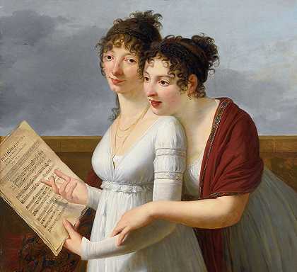 两位衣着优雅的女士的肖像`Portrait Of Two Elegantly Dressed Ladies by Robert Jacques François Lefèvre