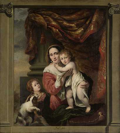 明爱乔安娜·德格尔（1629-1691）和她的孩子塞西莉亚·特里普（1660-1728）和劳伦斯·特里普（1662年）`Caritas; Joanna de Geer (1629~1691) with her Children Cecilia Trip (1660~1728) and Laurens Trip (b. 1662) (1662 ~ 1669) by Ferdinand Bol