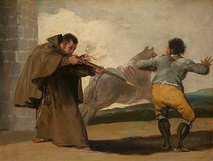佩德罗修士射杀了马拉加托，他的马跑开了`Friar Pedro Shoots El Maragato as His Horse Runs Off (c. 1806) by Francisco de Goya