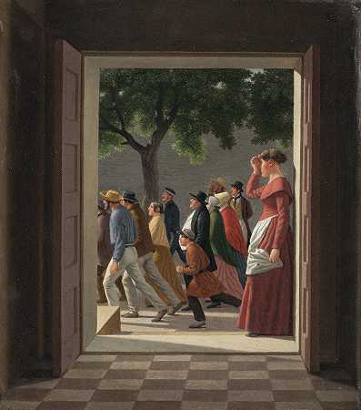 从一扇门望向奔跑的身影`View through a Door to Running Figures (1844 – 1845) by Christoffer Wilhelm Eckersberg