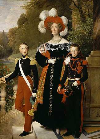 玛丽-艾米莉和她的小儿子蒙普赛尔公爵和奥梅莱公爵`Marie – Amelie With Her Youngest Sons The Dukes Of Montpensier And Aumale