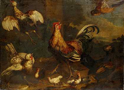 鸡群中的骚动`Commotion in the Chicken Run by Melchior d&;Hondecoeter