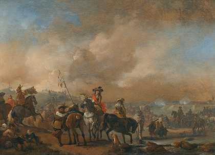 骑兵在移动，远处的防御工事被围困`Cavalry On The Move, A Fortification Under Siege Beyond by Philips Wouwerman
