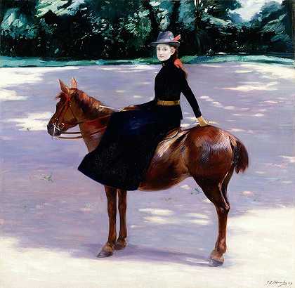 梅里奥特小姐骑着她的小马`Mademoiselle Meuriot sur son poney (1889) by Jacques-Émile Blanche