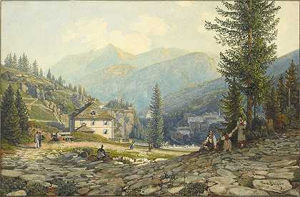 加斯坦温泉中的约翰大公住宅景观`View of the Residence of Archduke Johann in Gastein Hot Springs (about 1829–1832) by Thomas Ender