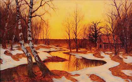 冬季风景中的日落`Sunset In Winter Landscape