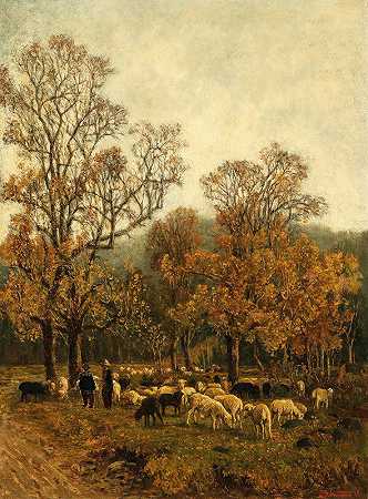 Rekawinkel附近的绵羊牧场`Schafweide bei Rekawinkel (1875) by Theodor Von Hörmann
