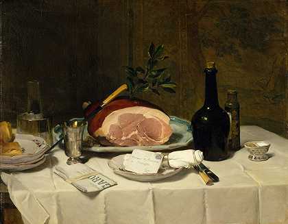 火腿的静物画`Still Life with Ham (1870s) by Philippe Rousseau