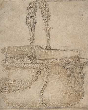 设计为一个桶状容器，有两个相互交错的俘虏把柄，身体上装饰着卷轴、花环和一个带有Satyr的喷口头`Design for a Bucket~Like Vessel with a Handle of Two Interlaced Captives, on a Body Adorned with a Scroll, Garland, and a Spout with a Satyrs Head (1540–50) by Girolamo Genga