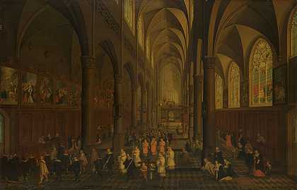 安特卫普多米尼加教堂（圣保卢斯科克）的屋内，向东看去，伴随着圣礼的游行`The Interior of the Dominican Church (the Sint~Pauluskerk), Antwerp, Looking East, with the Procession of the Holy Sacrament (1636) by Pieter Neeffs the Elder
