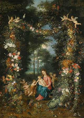圣母玛利亚和婴儿圣约翰浸信会，周围环绕着花环、果实和花朵`The Virgin And Child With The Infant St. John The Baptist, Surrounded By Garlands And Swags Of Fruit And Flowers by Jan Brueghel the Younger