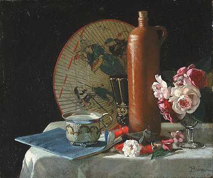 有扇子和玫瑰的静物画`Still Life with Fan and Roses (1874) by Thomas Hovenden