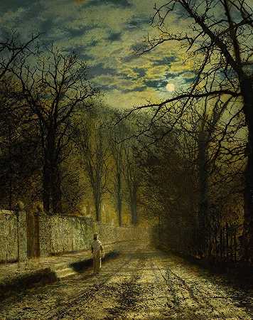 月光下的街道`A Moonlit Street (1880) by John Atkinson Grimshaw