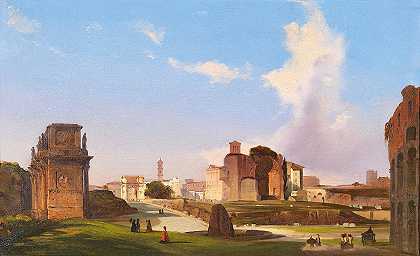 君士坦丁拱门的罗马广场景观`A View Of The Roman Forum With The Arch Of Constantine by Ippolito Caffi