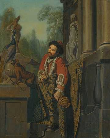 一位优雅的土耳其绅士站在栏杆旁`An Elegant Turkish Gentleman At a Balustrade by Jan Josef Horemans The Elder