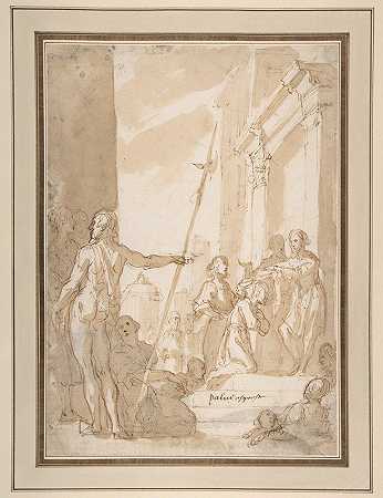 身份不明者站着的人把肩胛骨放在跪着的人身上`Unidentified subject; Standing Figure Placing a Scapular on a Kneeling Figure (1579–1665) by Astolfo Petrazzi