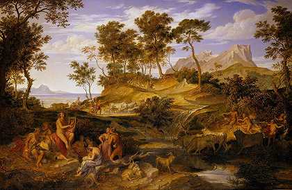 阿波罗在塞萨利牧羊人中`Apollo Among The Thessalian Shepherds (1834~1835) by Joseph Anton Koch