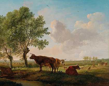 草地上的牛`Cattle in the Meadow by Balthasar Paul Ommeganck