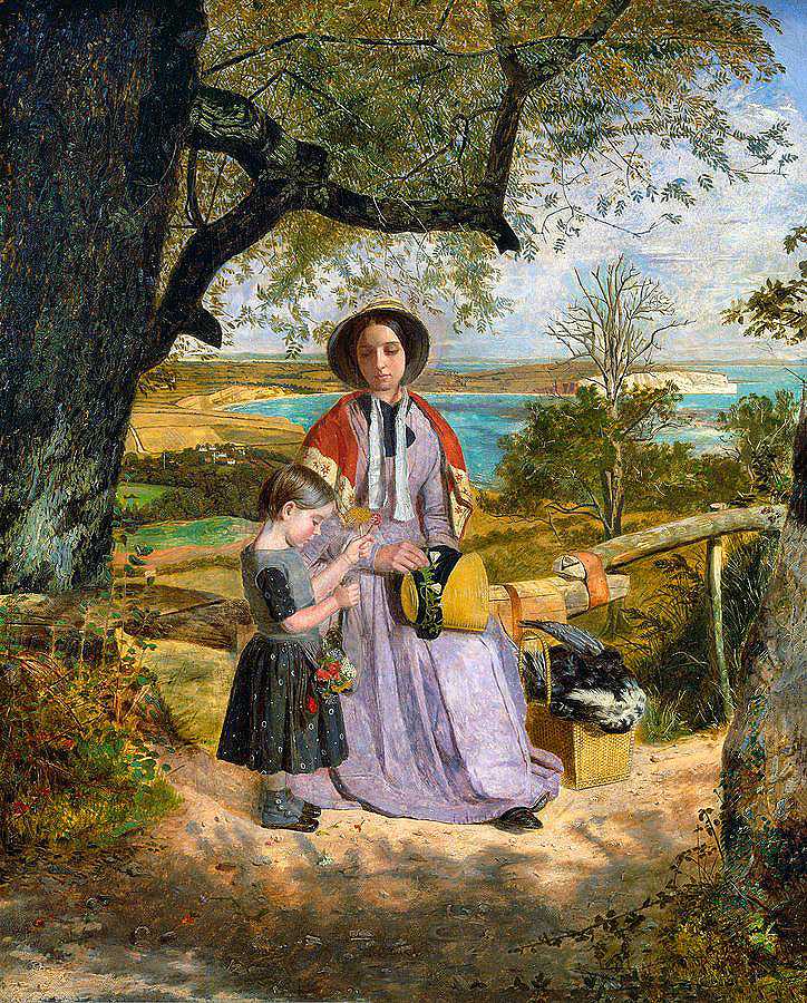 母亲和孩子站在远处怀特岛卡尔弗悬崖边的栅栏旁`Mother And Child By A Stile With Culver Cliff, Isle Of Wight In The Distance