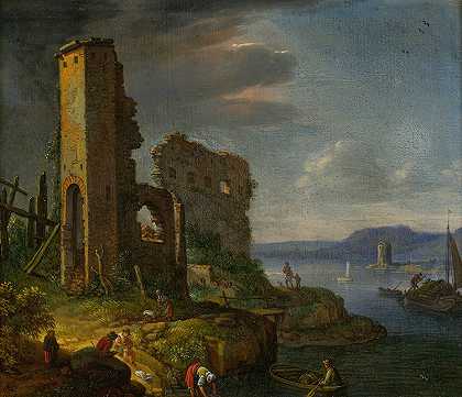 有废墟、船只和人物的河流景观`River Landscape With Ruins, Boats And Figures (1674) by Herman Saftleven