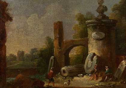奇幻的废墟景观`Phantastische Ruinenlandschaft mit Denksäule (ca. 1700–1730) by Franz Thomas Canton
