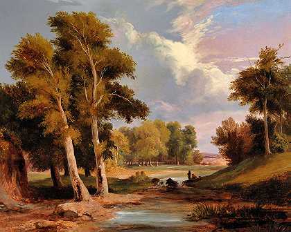 有渔夫的森林河流景观`A Wooded River Landscape With Fisherman