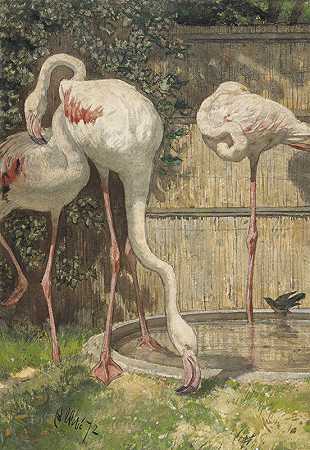 三只火烈鸟在盆地附近`Three Flamingos near a Basin (1872) by August Allebé
