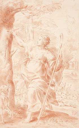 牧羊人抓树干`Hyrdinde, der ridser i en træstamme (1686 – 1738) by Hendrik Krock