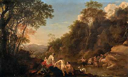 风景中的仙女`Nymphs in a landscape by Dirck van der Lisse