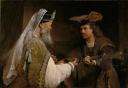 亚希米勒将歌利亚的剑交给大卫`Ahimelech Giving the Sword of Goliath to David (about 1680s) by Aert de Gelder