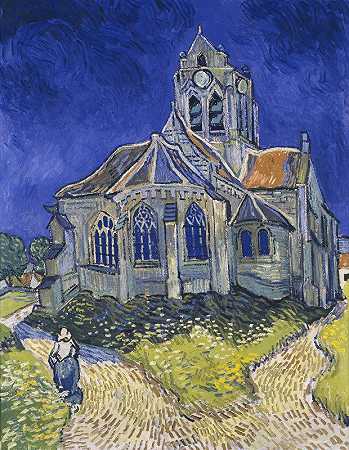 乌瓦兹河畔奥弗斯的教堂，从雪佛兰俯瞰`The Church in Auvers~sur~Oise, View from the Chevet (1890) by Vincent van Gogh